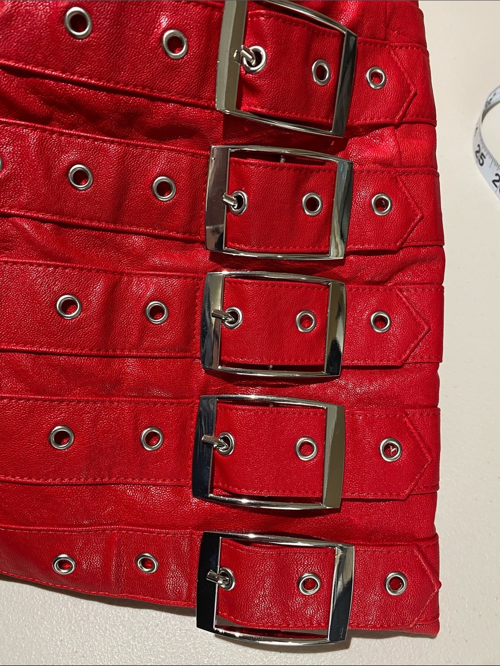 New Faux Leather Straight Mini Skirt Size 10 CherryRed Buckle Details Rocker - Picture 13 of 13